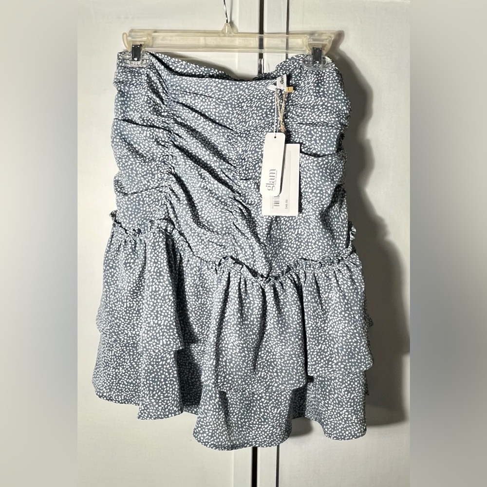 NWT! Glam Women’s Sz L Blue & White Dotted Ruffle Tiered Skirt